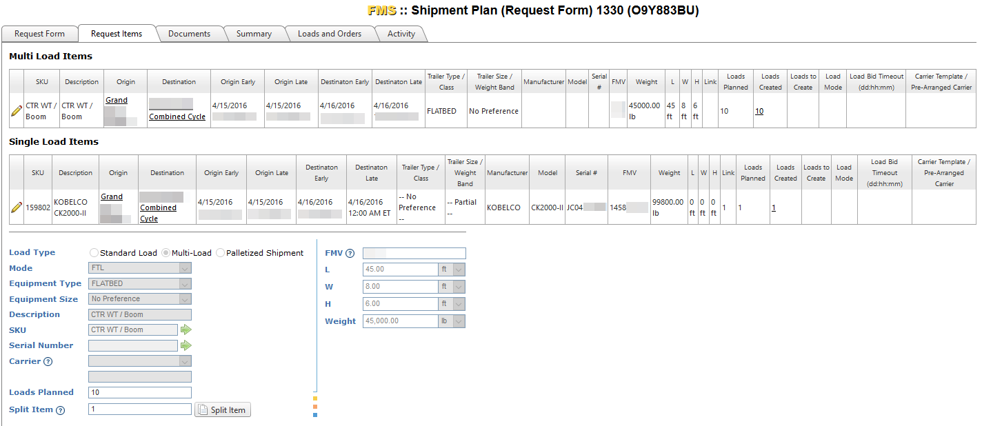 FMS Shipment Planning screen